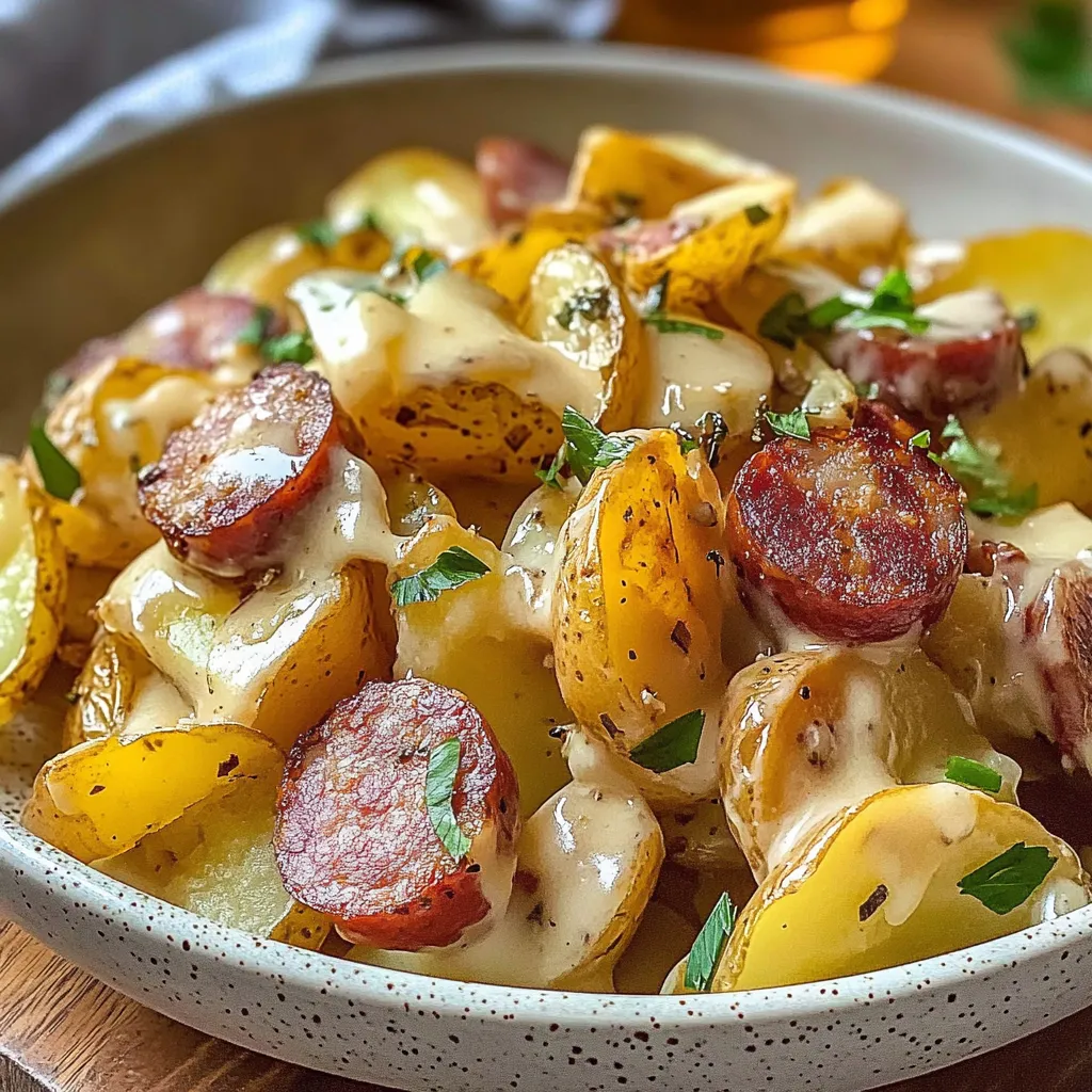 Close-up view Cheesy Ranch Potatoes and Smoked Sausage