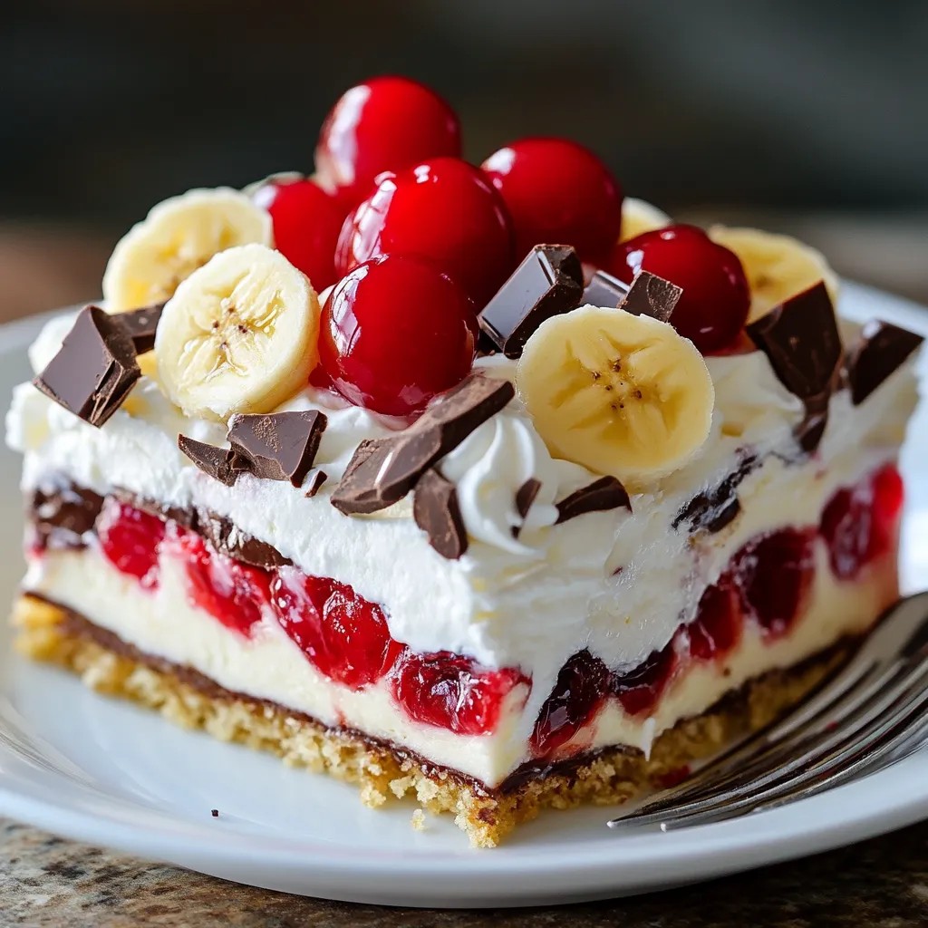 A slice of cake with bananas and cherries.
