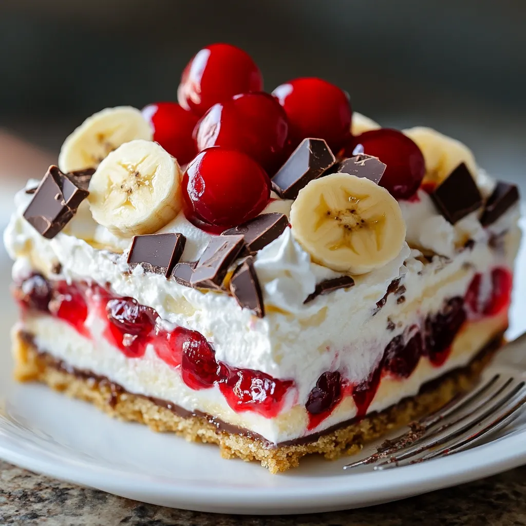A slice of cake with bananas and cherries on top.