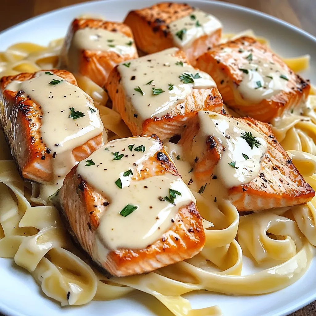 A plate of food with salmon and pasta.