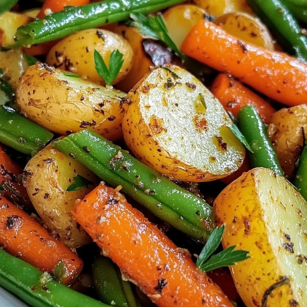 A plate of vegetables including carrots, potatoes, and green beans.