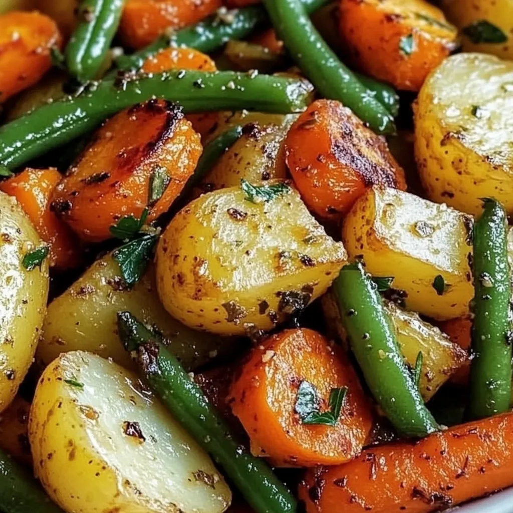 A plate of vegetables including carrots, green beans, and potatoes.