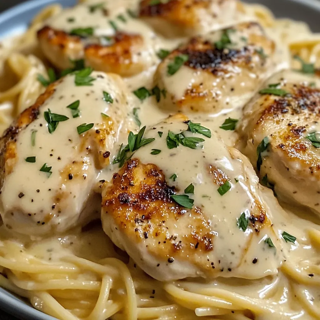 A bowl of pasta with chicken and sauce.