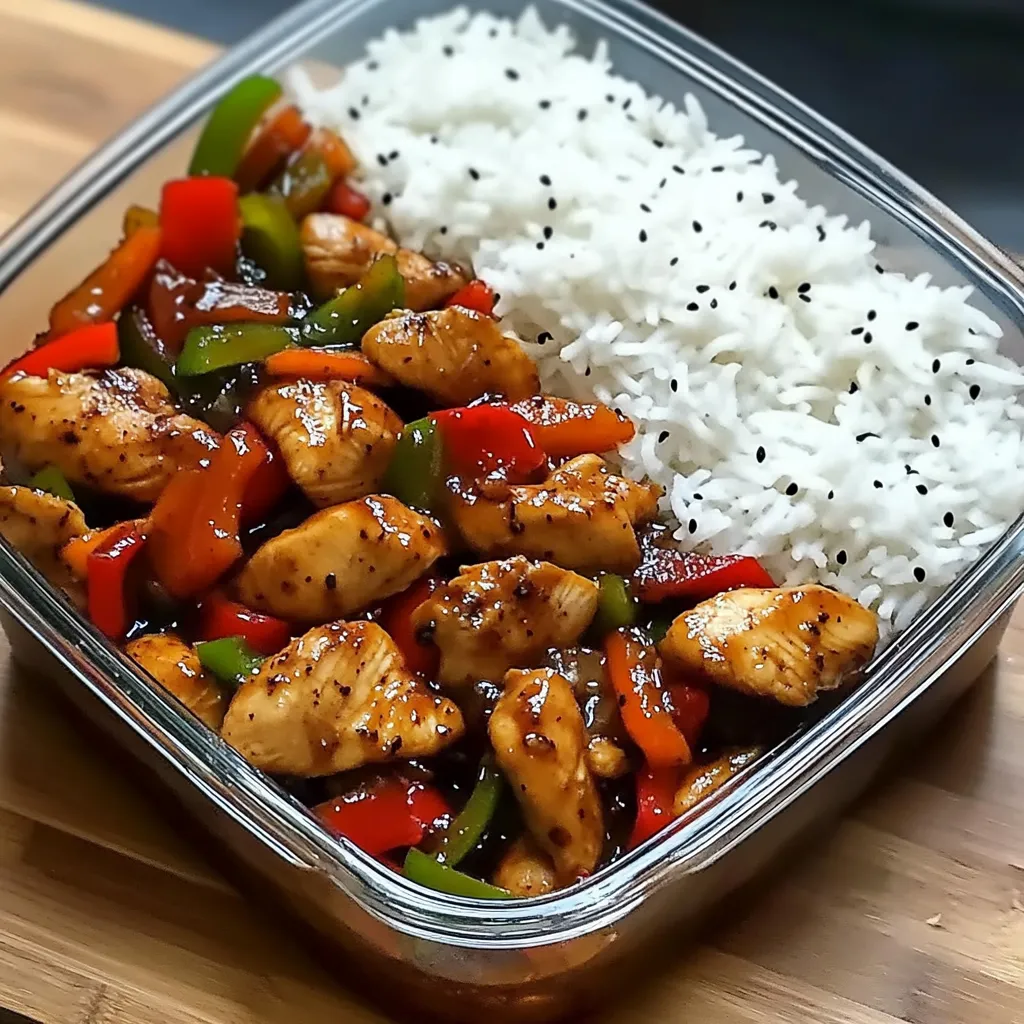 A glass bowl of rice and chicken.