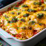 A dish of chicken and rice with green onions.