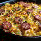 A pan of food with sausage and cheese.