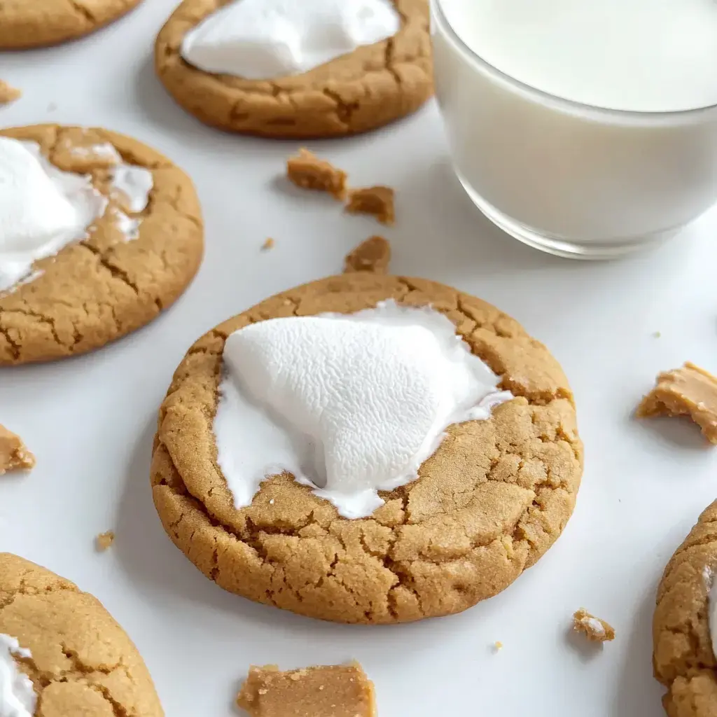 A close-up image of peanut butter cookies topped with marshmallow fluff, accompanied by a glass of milk.