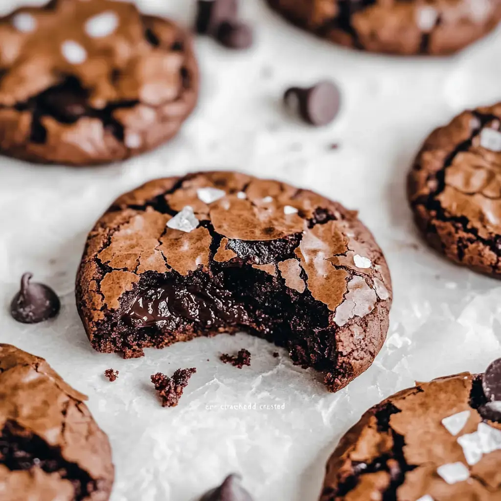 A chocolate cookie with a bite taken out, revealing a gooey center, surrounded by other cookies and chocolate chips.