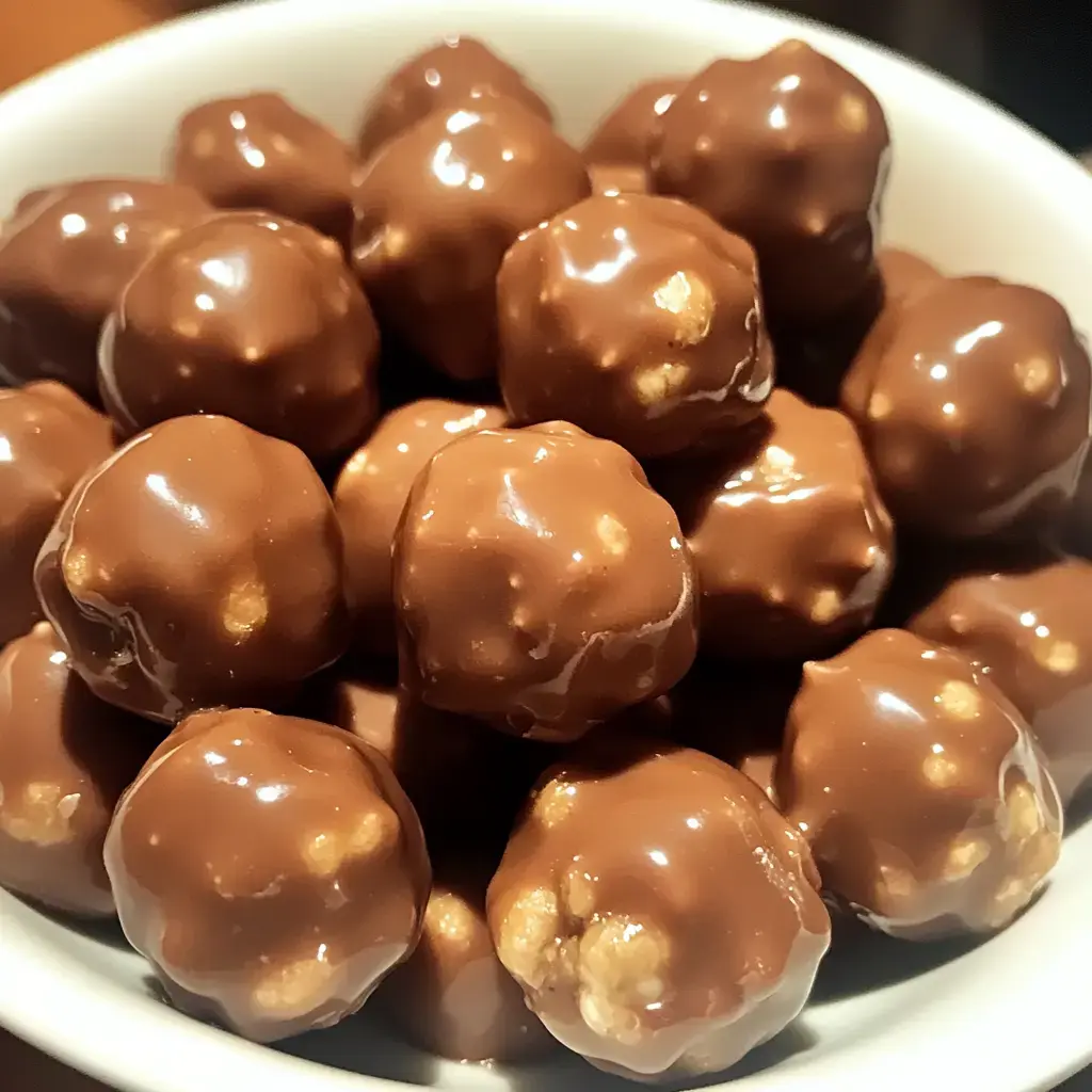 A close-up image of shiny chocolate-covered snack balls piled in a white bowl.