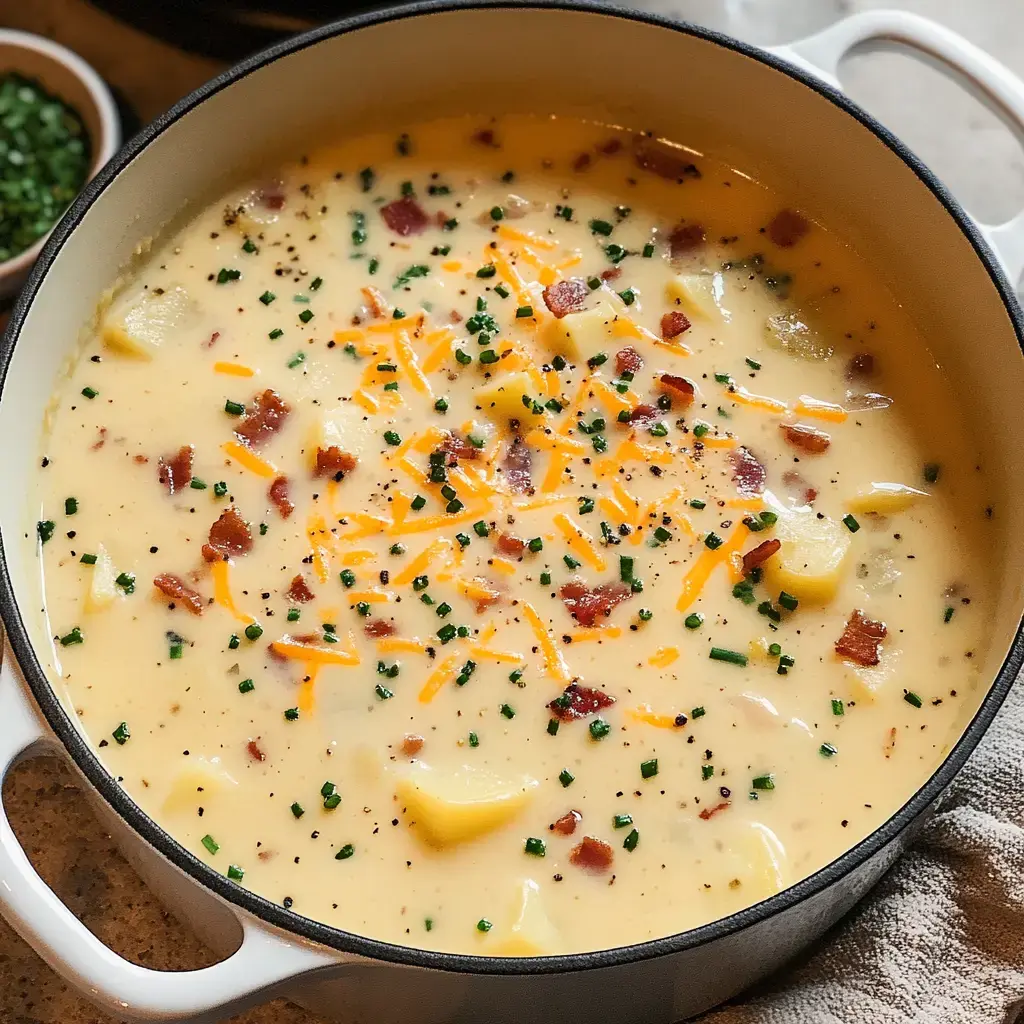 A creamy potato soup topped with diced bacon, shredded cheese, and chopped chives in a white pot.