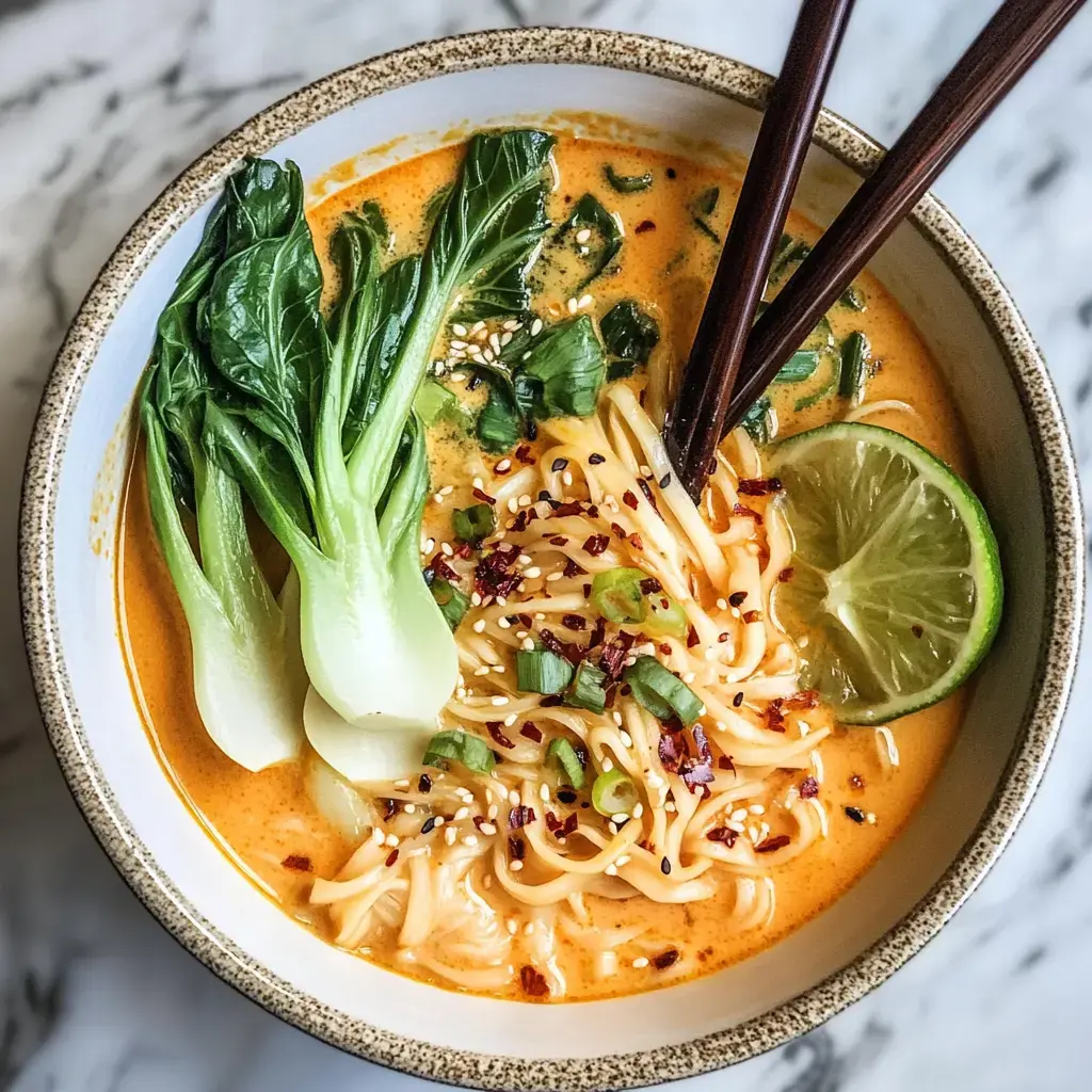 A bowl of spicy noodle soup topped with bok choy, green onions, sesame seeds, and a lime wedge, with chopsticks resting on the side.