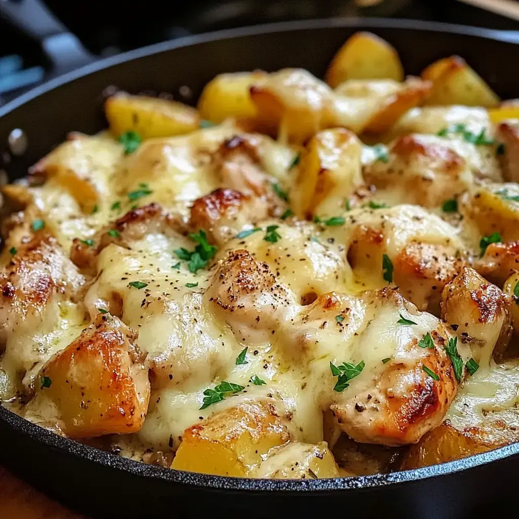 A cast-iron skillet filled with cheesy baked chicken and golden brown potatoes, garnished with fresh parsley.