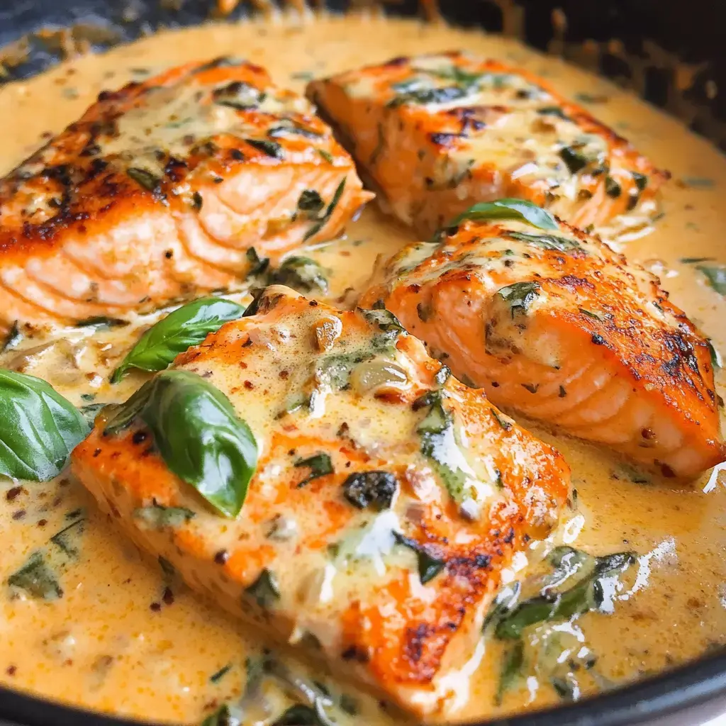 Four pieces of sautéed salmon in a creamy sauce with herbs, garnished with fresh basil leaves.