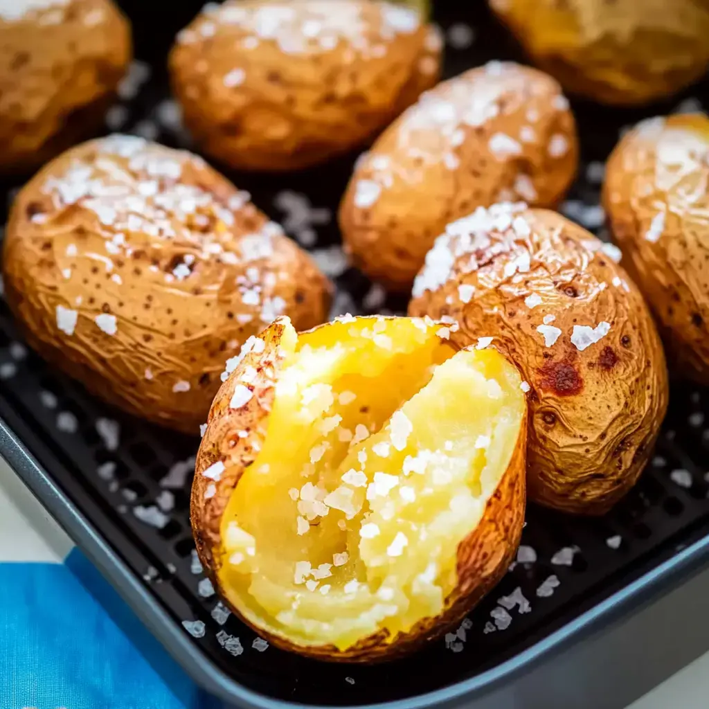 A close-up of several baked potatoes with a sprinkle of sea salt, one potato is halved to show its fluffy interior.