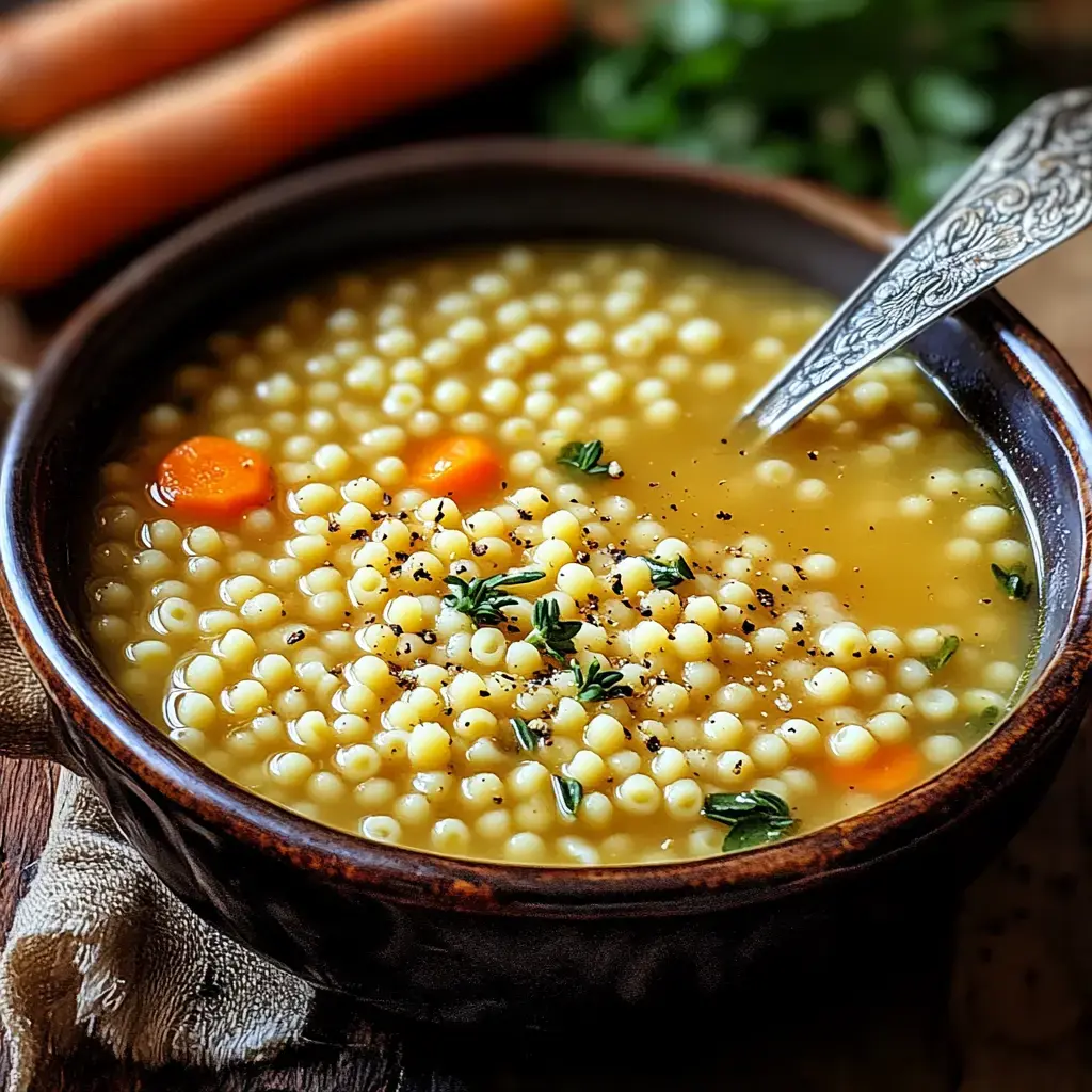 A bowl of soup with small pasta, carrots, and herbs, garnished with black pepper.