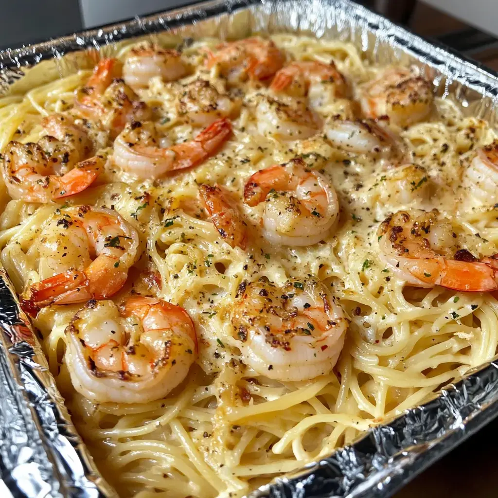 A close-up of a baked dish featuring spaghetti topped with golden, grilled shrimp and a creamy sauce, garnished with herbs.