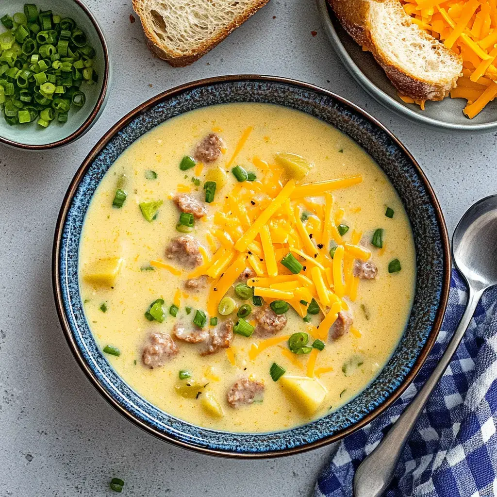 A bowl of creamy soup topped with shredded cheese and green onions, accompanied by slices of bread and a small bowl of chopped green onions.