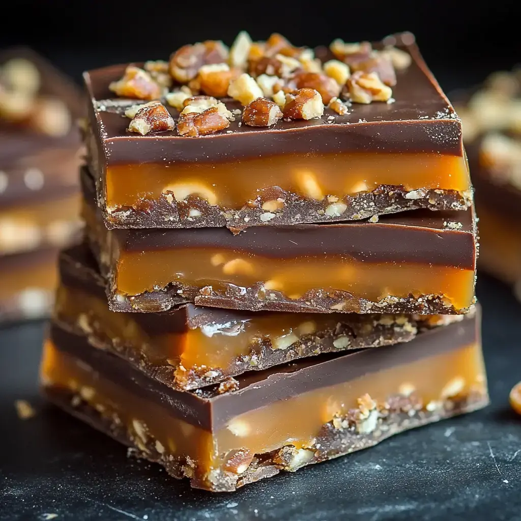 A close-up of stacked chocolate and caramel treats topped with crushed nuts.