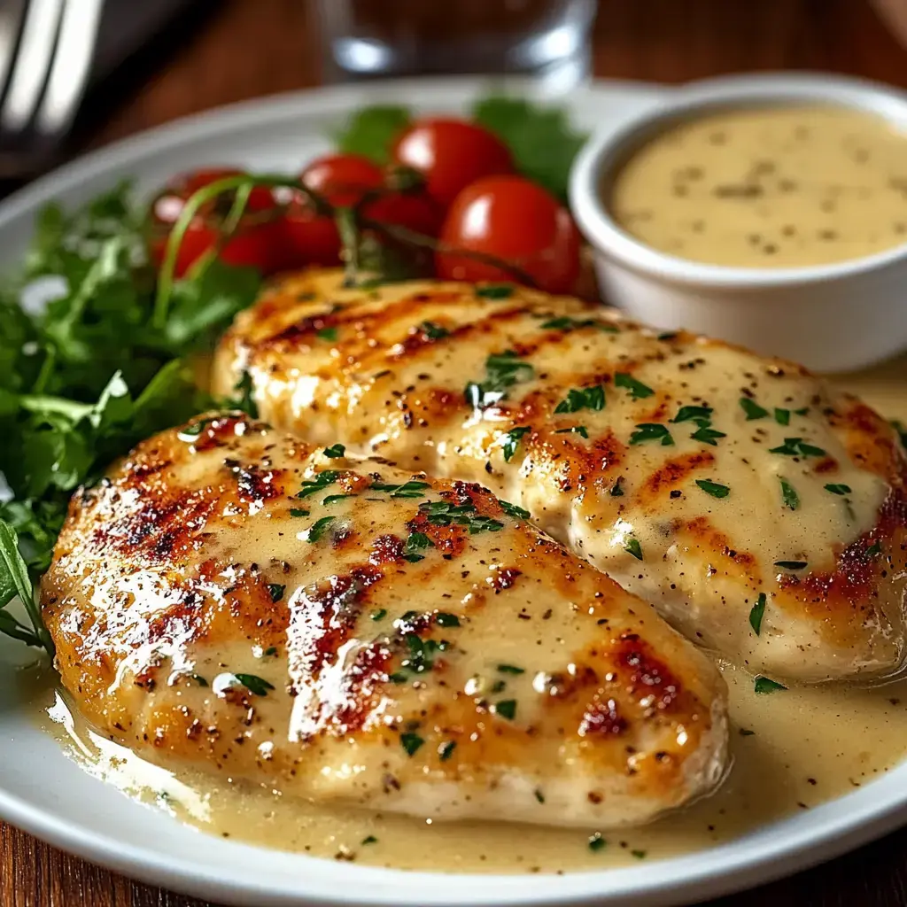 Grilled chicken breasts served with a creamy sauce, garnished with parsley, alongside cherry tomatoes and fresh greens on a white plate.