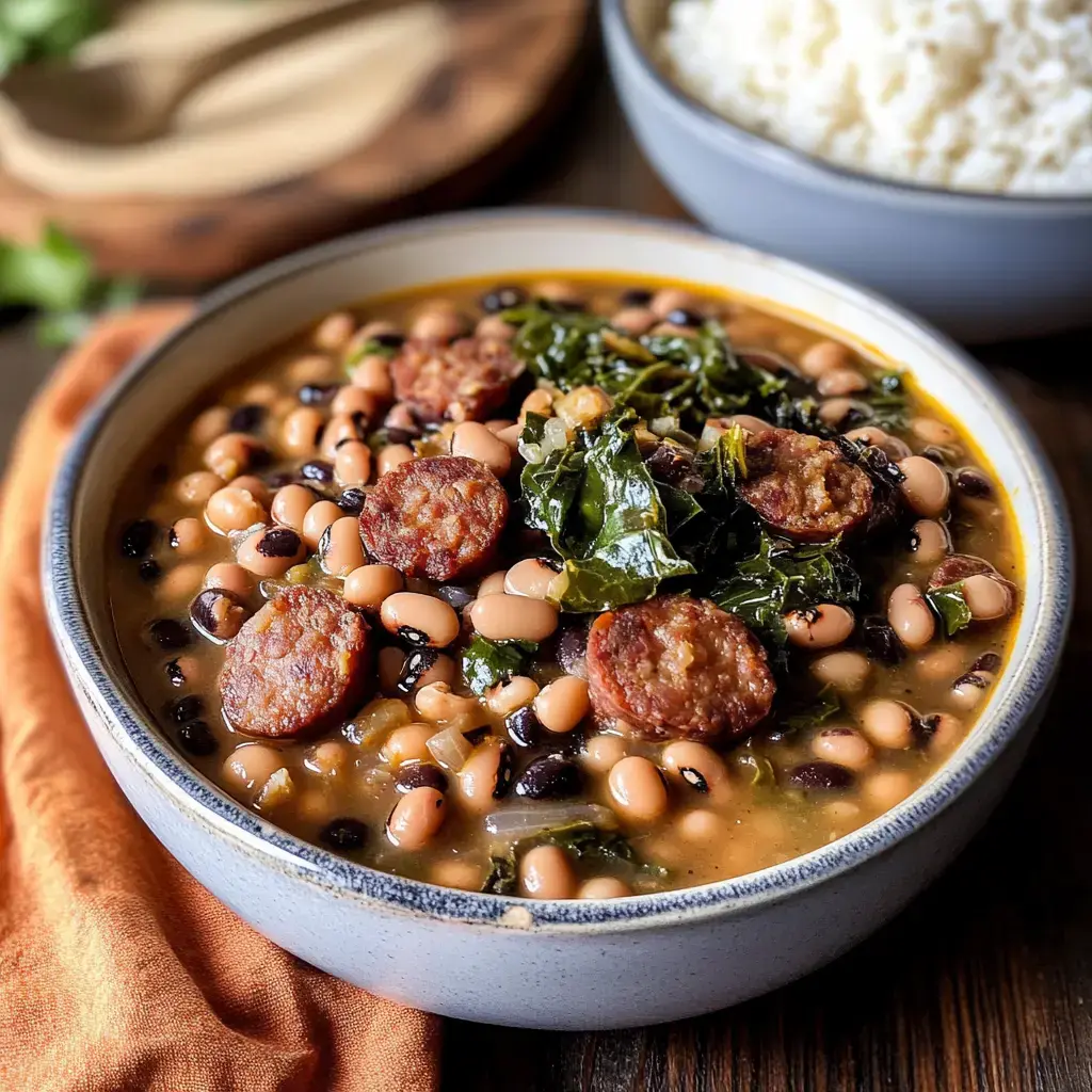 A bowl of hearty soup with black beans, pale beans, sausage slices, and greens, accompanied by a side of white rice.