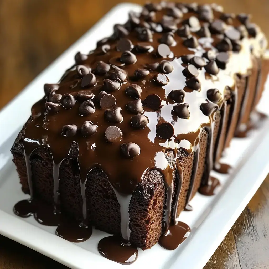 A moist chocolate loaf cake with a glossy chocolate glaze and topped with chocolate chips sits on a white serving plate.