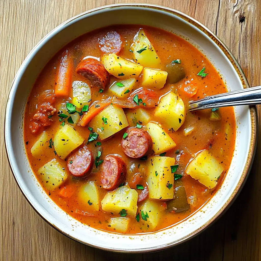 A bowl of hearty sausage and potato soup garnished with parsley, featuring chunks of potatoes, carrots, and sliced sausage in a rich broth.