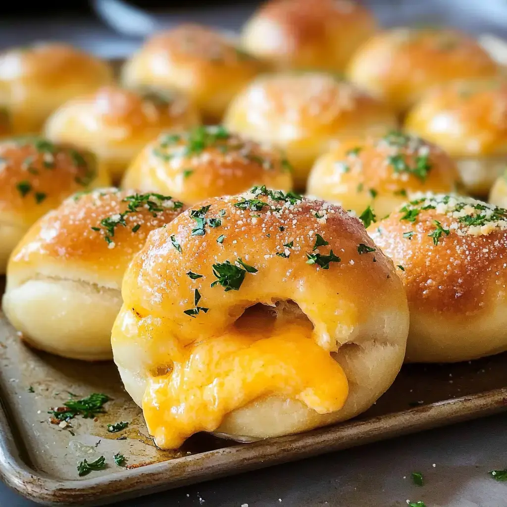 A platter of golden-brown stuffed rolls topped with parsley, showcasing melted cheese spilling from one roll.