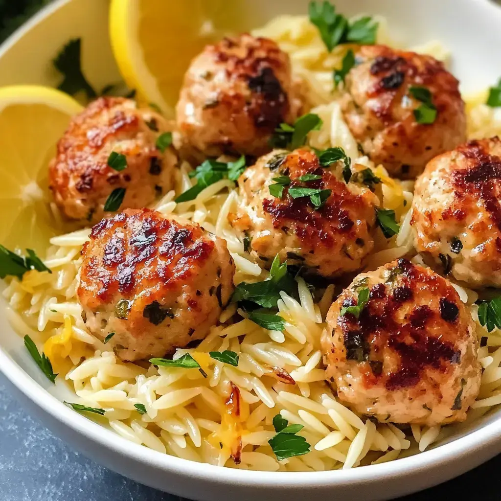 A bowl of orzo pasta topped with browned meatballs, garnished with parsley and lemon wedges.