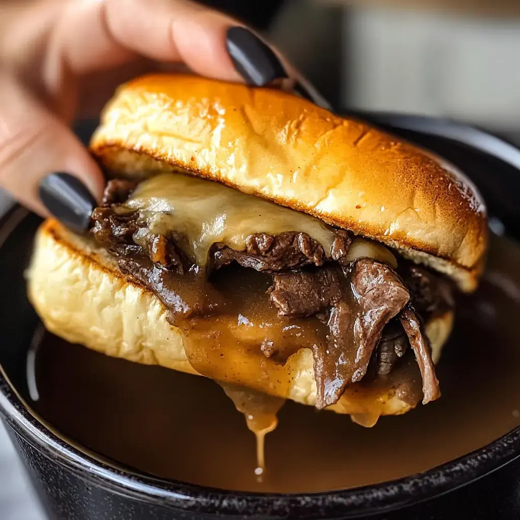 A hand holds a cheesy beef sandwich dripping with gravy above a bowl of broth.