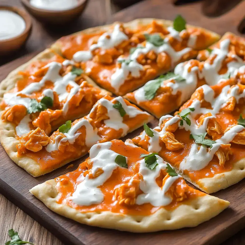 A wooden platter holds slices of flatbread topped with orange sauce, shredded chicken, and drizzles of white sauce, garnished with cilantro.