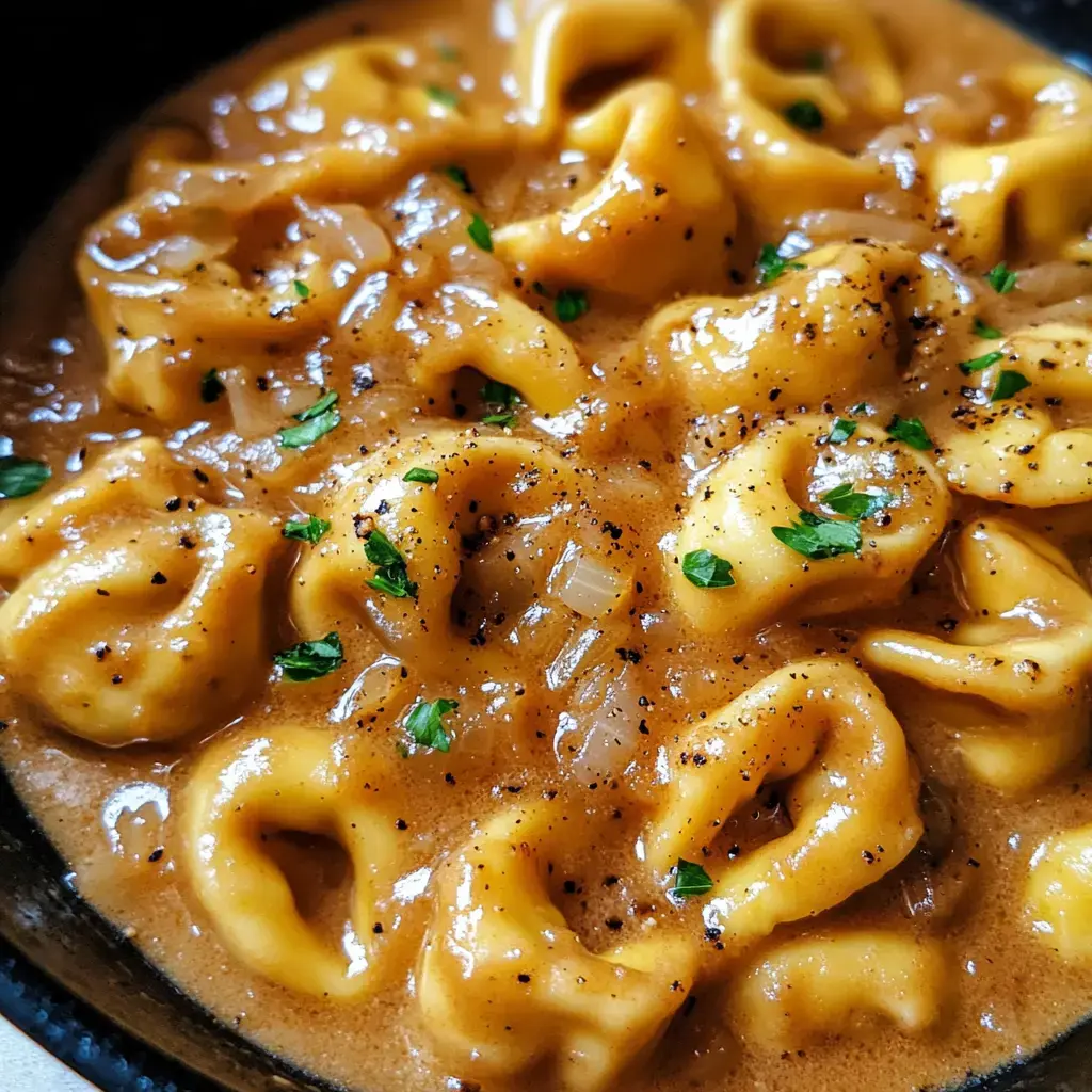 A close-up view of tortellini pasta in a creamy brown sauce, garnished with chopped herbs and black pepper.