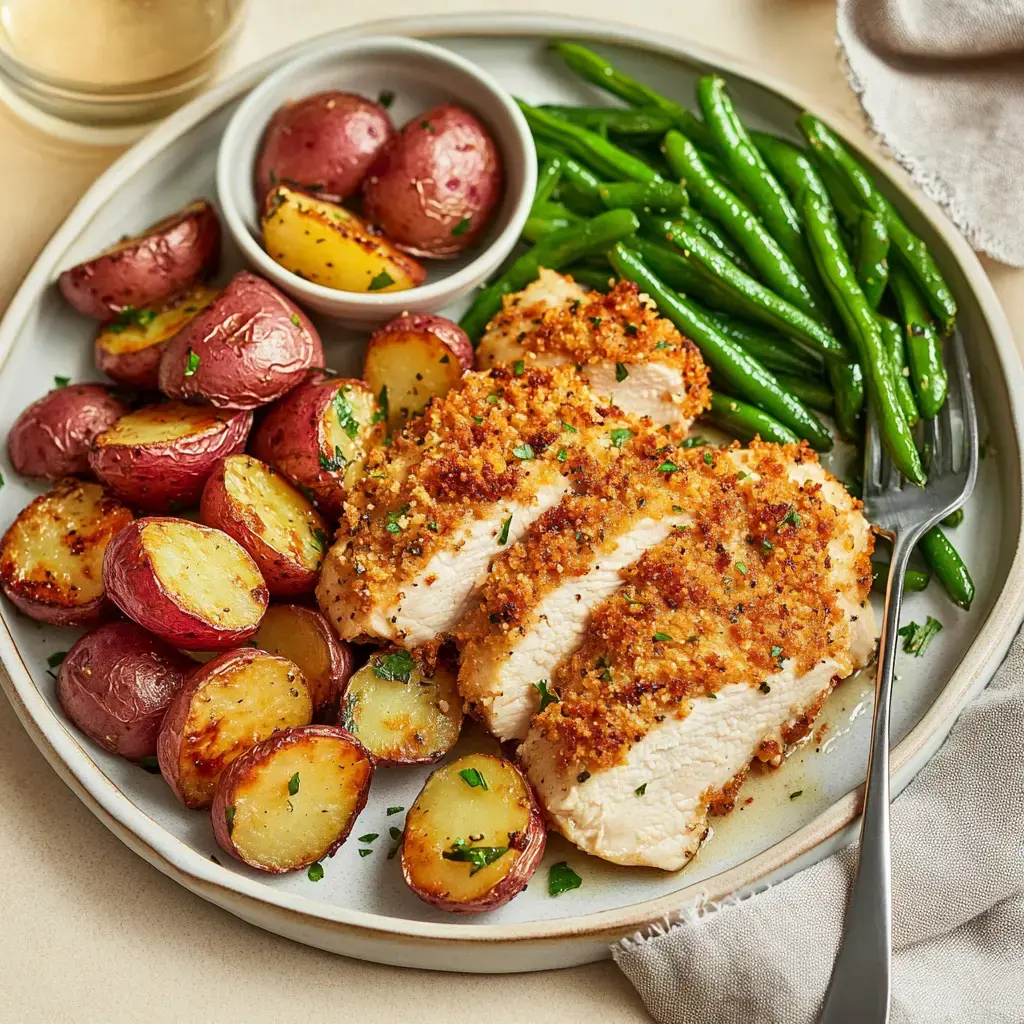 A plate of perfectly cooked, breaded chicken breast slices accompanied by roasted red potatoes and green beans.