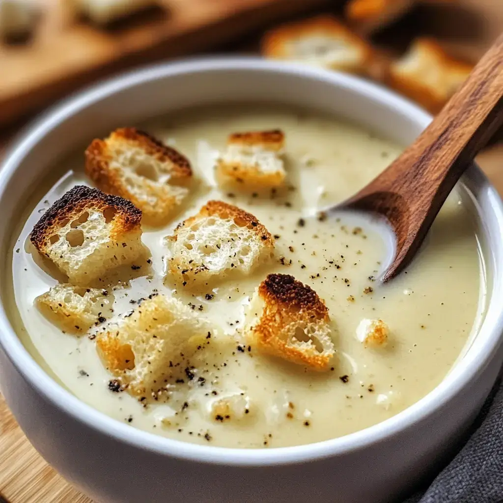 A bowl of creamy soup topped with toasted bread cubes and a wooden spoon beside it.