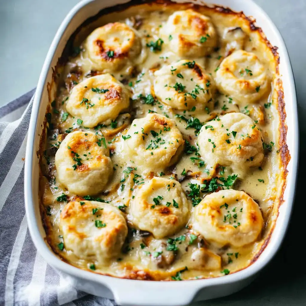 A baked dish featuring fluffy dumplings resting in a creamy sauce, garnished with chopped parsley.