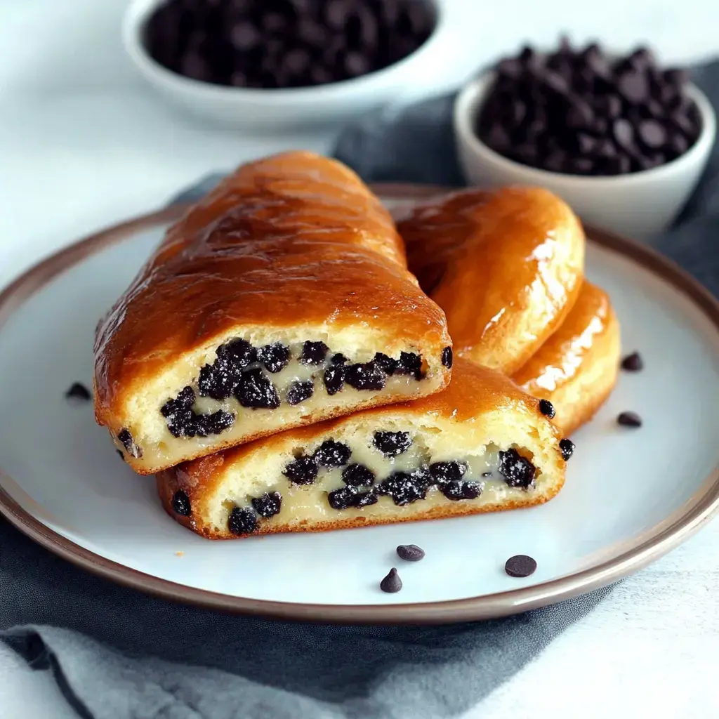 A close-up of glazed pastries filled with chocolate chips on a plate, with more chocolate chips in the background.