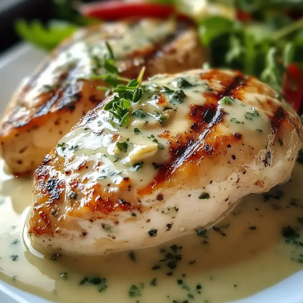 Grilled chicken breasts topped with a creamy herb sauce, served with a side of fresh greens.