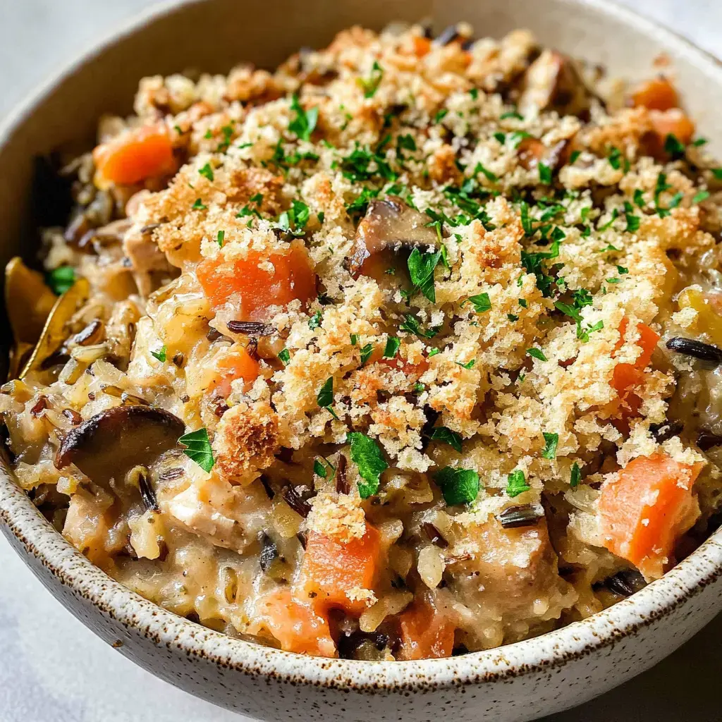 A creamy rice dish topped with crunchy breadcrumbs and garnished with herbs and diced vegetables.