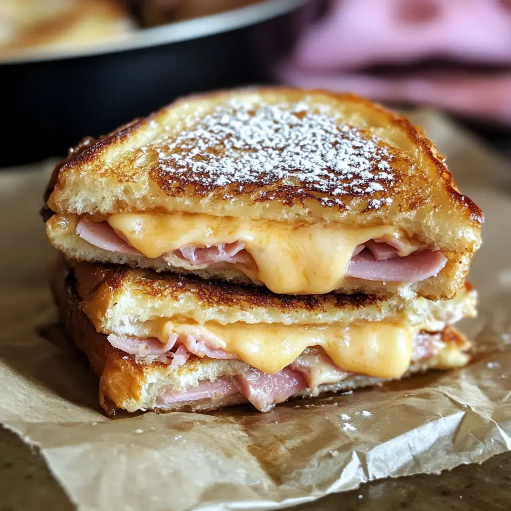 A close-up of a deliciously toasted sandwich filled with melted cheese and ham, dusted with powdered sugar, on a piece of brown parchment paper.