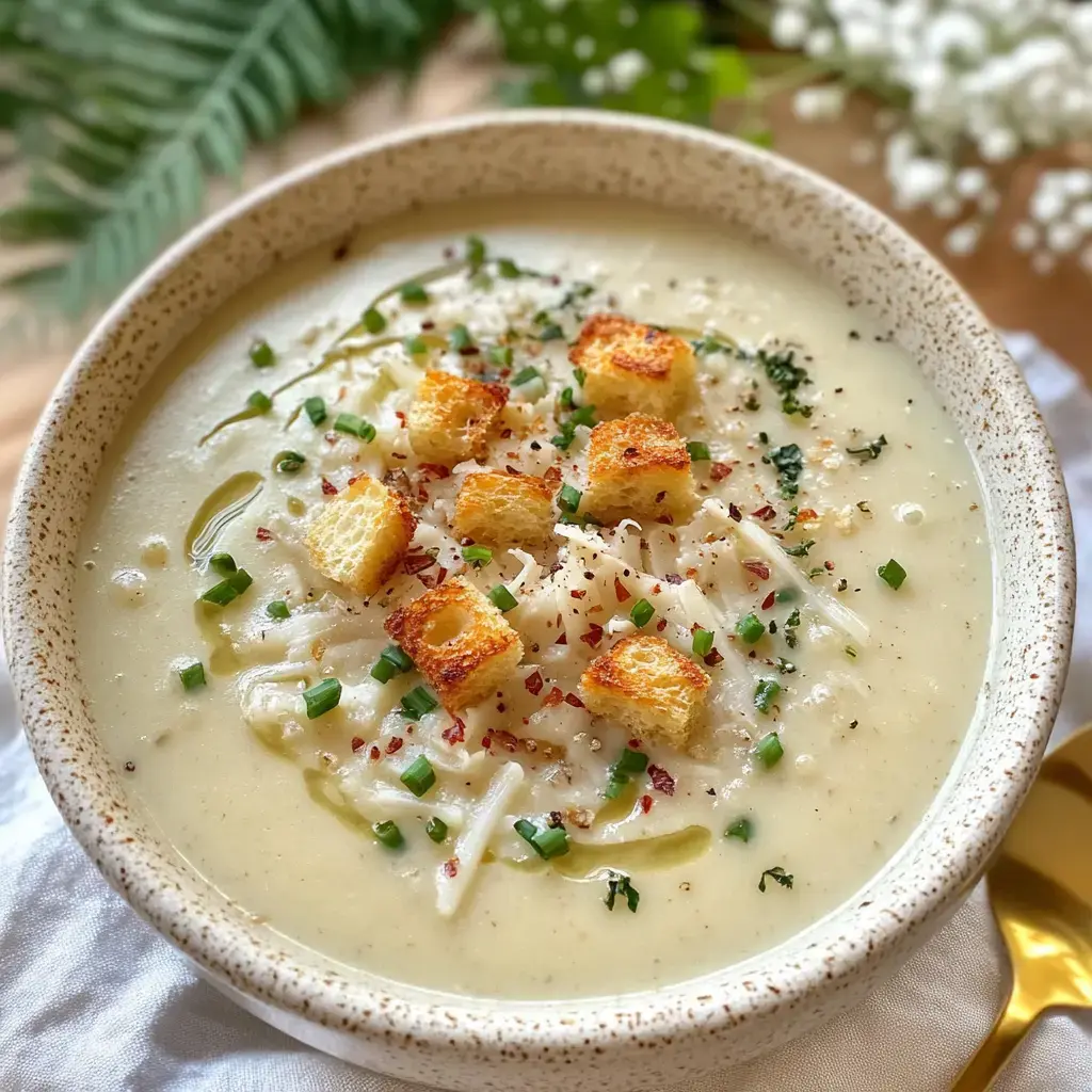 A creamy bowl of soup topped with croutons, green onions, and a sprinkle of red pepper flakes.