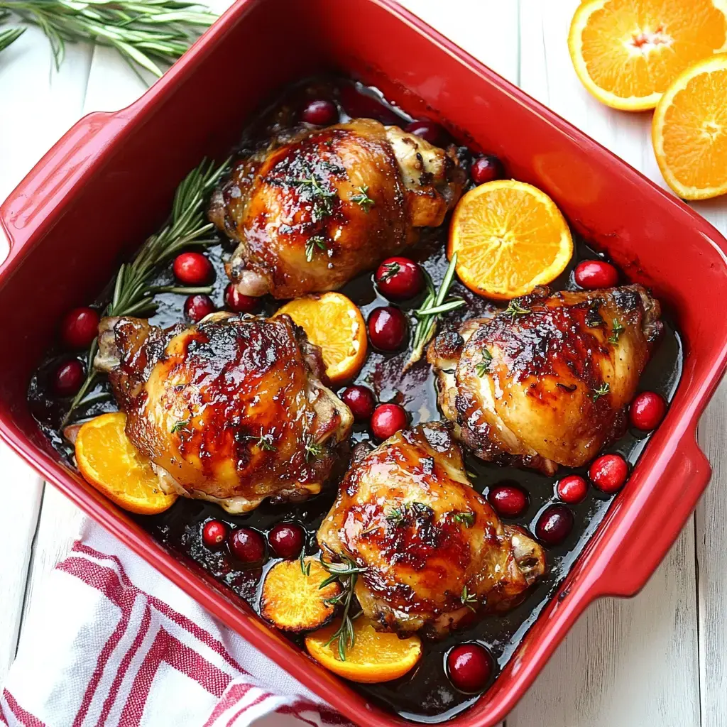 A red baking dish is filled with glazed chicken thighs, surrounded by orange slices, cranberries, and fresh rosemary.