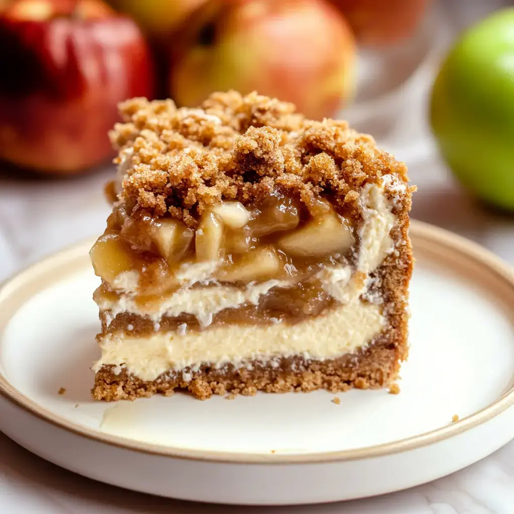 A slice of apple crumble cheesecake topped with a crumbly streusel, displayed on a plate with whole apples in the background.