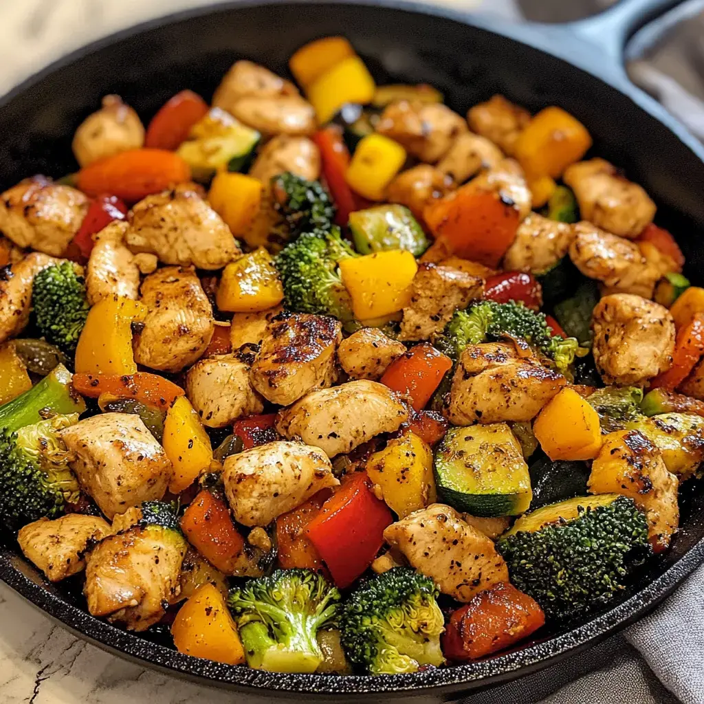 A skillet filled with seasoned chicken pieces and colorful mixed vegetables, including bell peppers, broccoli, and zucchini.