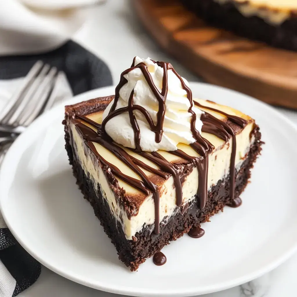 A slice of chocolate and vanilla cheesecake topped with whipped cream and chocolate drizzle, placed on a white plate.