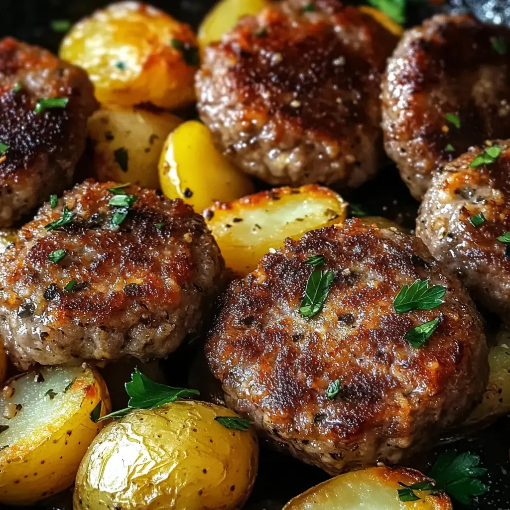 A close-up of golden roasted potatoes and browned meat patties, garnished with fresh parsley.