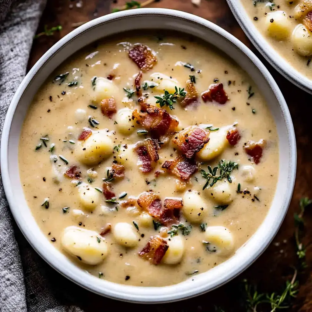 A bowl of creamy soup featuring gnocchi, crispy bacon bits, and thyme, garnished with black pepper.