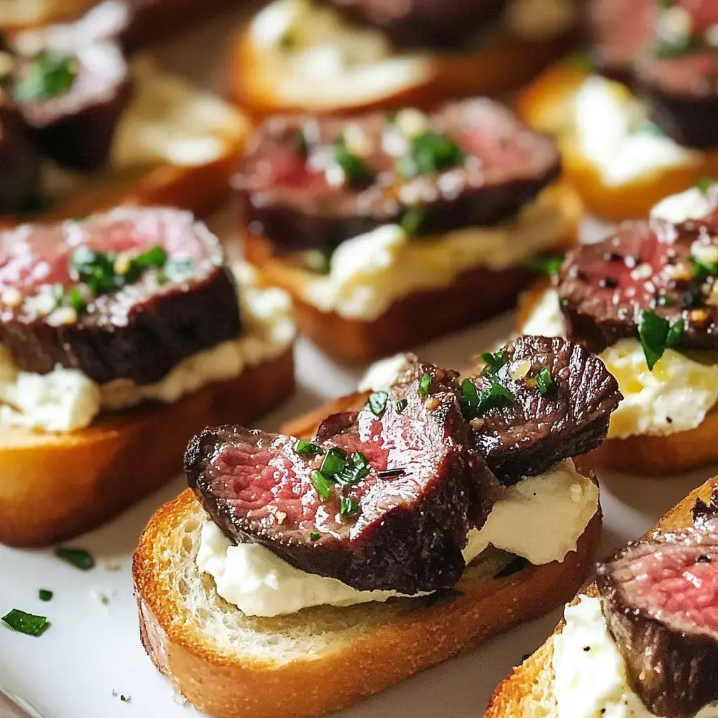 A close-up of toasted bread slices topped with creamy cheese and pieces of medium-rare steak, garnished with chopped chives.