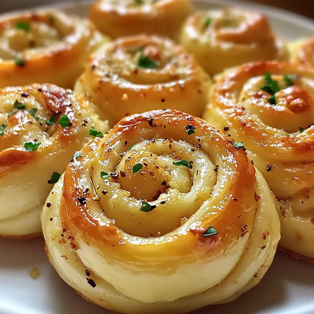 A close-up of golden, spiral-shaped rolls garnished with herbs, arranged on a white plate.