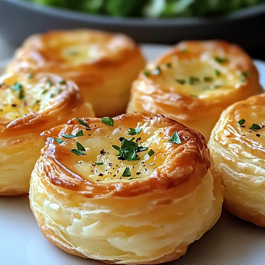 A plate of golden-brown puff pastry cups filled with creamy egg mixture and garnished with herbs.