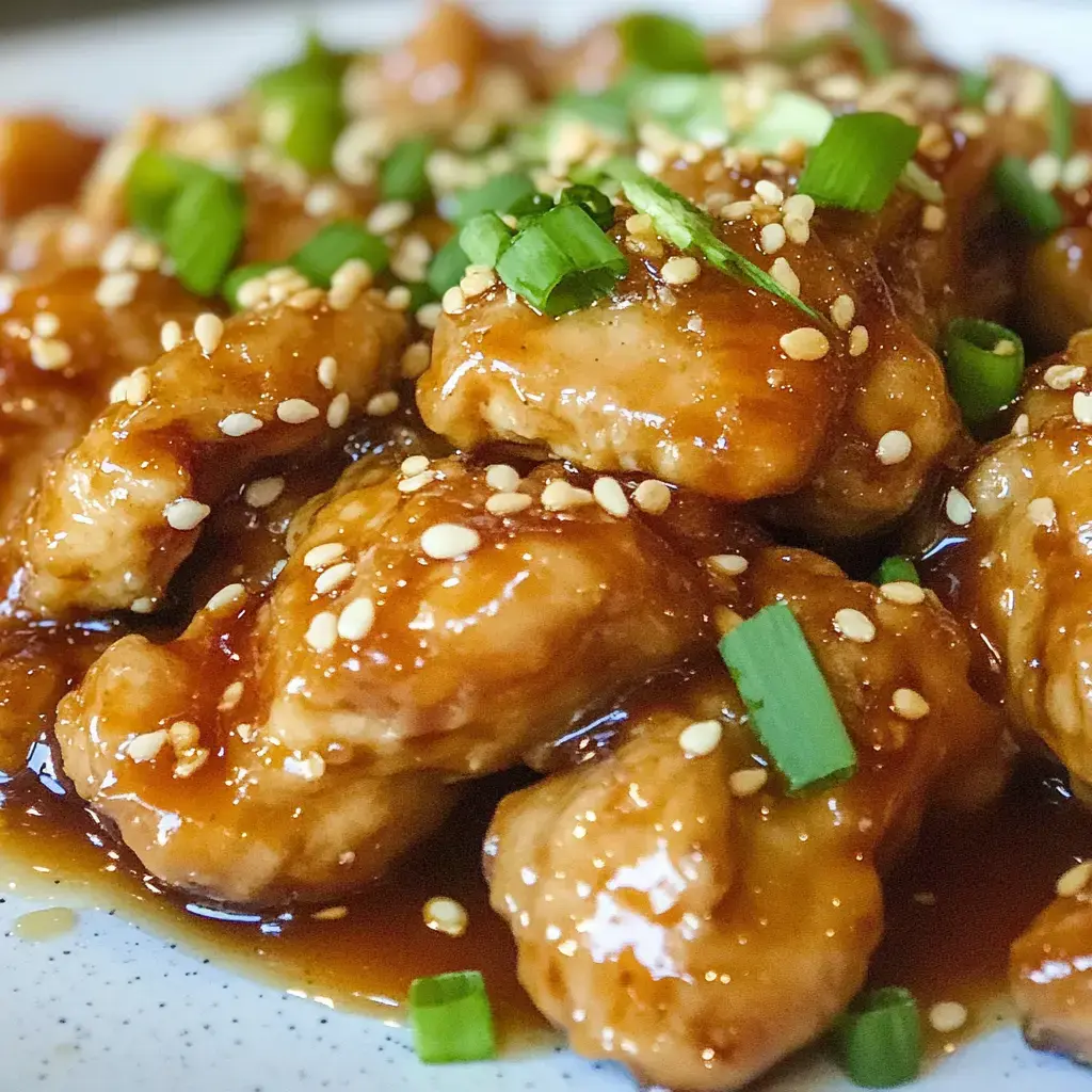 A close-up image of a plate of glazed chicken pieces topped with sesame seeds and chopped green onions.