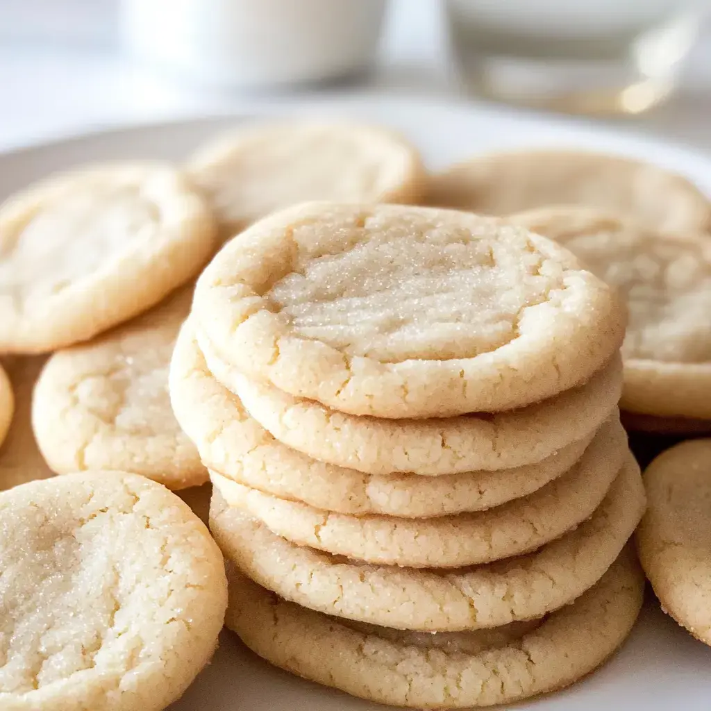 A stack of golden, sugar-coated cookies is presented on a plate, with more cookies scattered around and a glass of milk in the background.